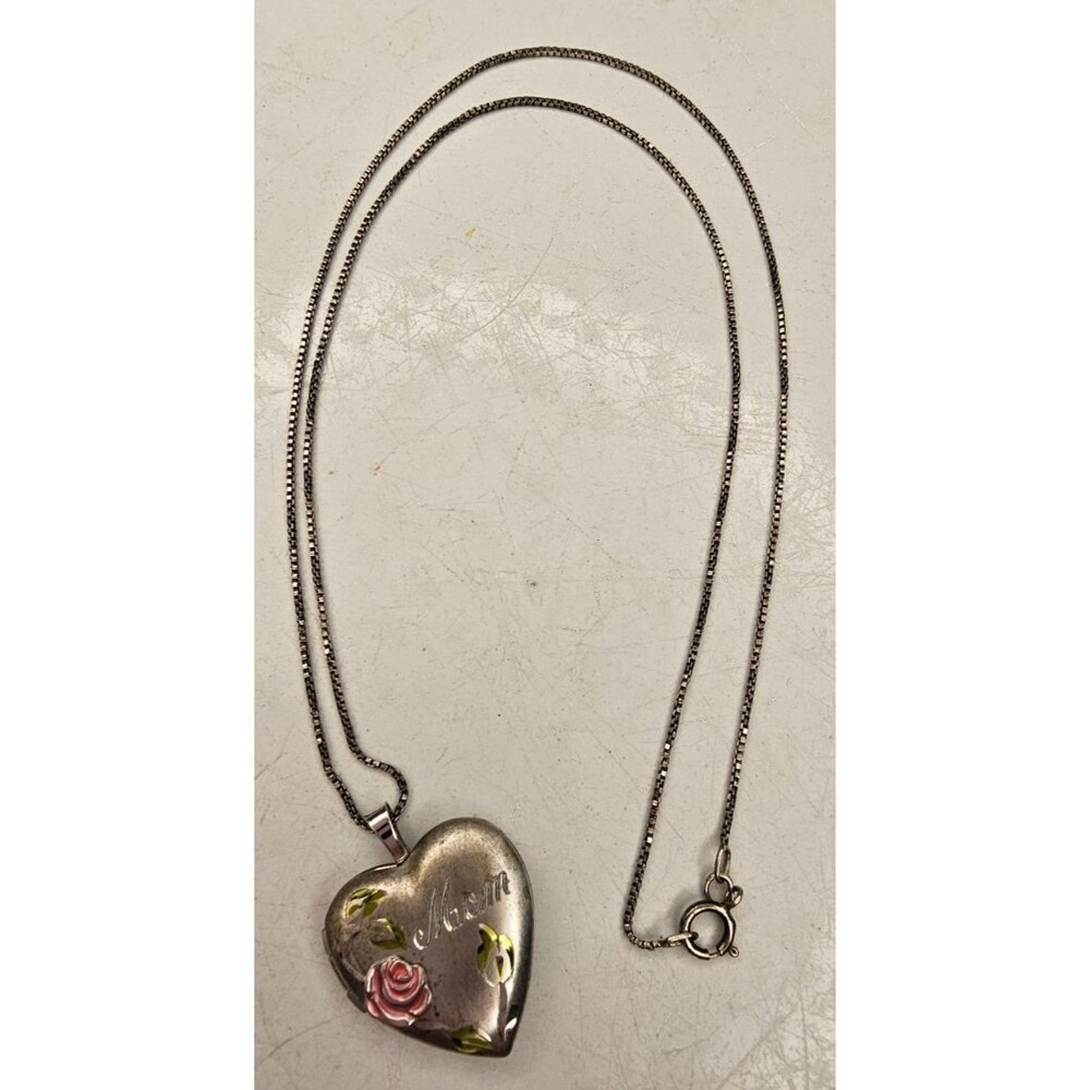 925 Sterling Silver Heart Locket Necklace Vintage Etched MOM Pendant 18in